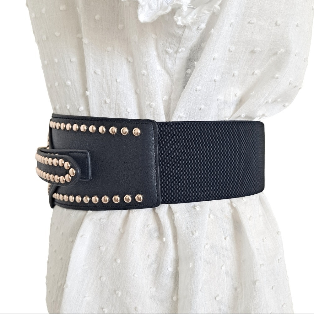 Wide black faux leather gold buckle studded Belt corset stretch punk Statement - Picture 6 of 10